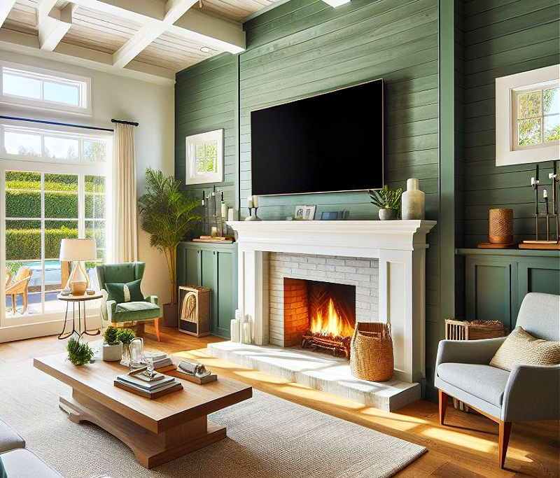 Beautiful shiplap fireplace with tv above the mantel