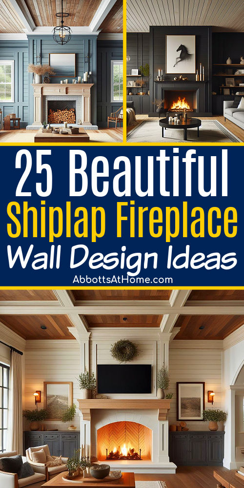 Image with examples of shiplap above fireplaces for a post with 25 examples of shiplap fireplace walls and some shiplap fireplace with tv above mantels.