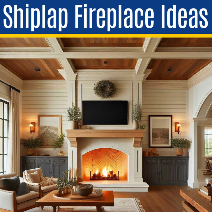 Image with examples of shiplap above fireplaces for a post with 25 examples of shiplap fireplace ideas and some shiplap fireplace with tv above mantels.
