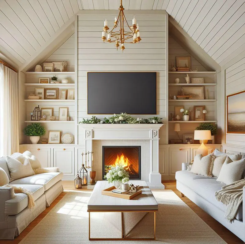Classic white shiplap fireplace wall idea with mantel.