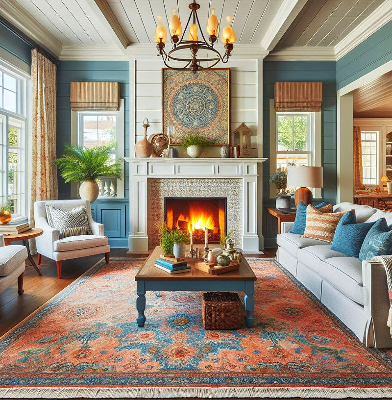 Blue and white shiplap fireplace wall idea with shiplap above fireplace mantel.