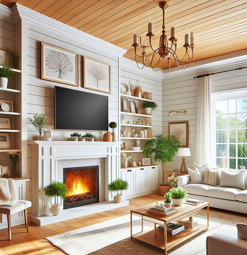 Classic white shiplap fireplace wall idea with mantel.