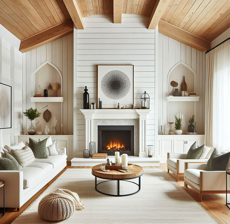 Classic white shiplap fireplace wall idea with mantel.