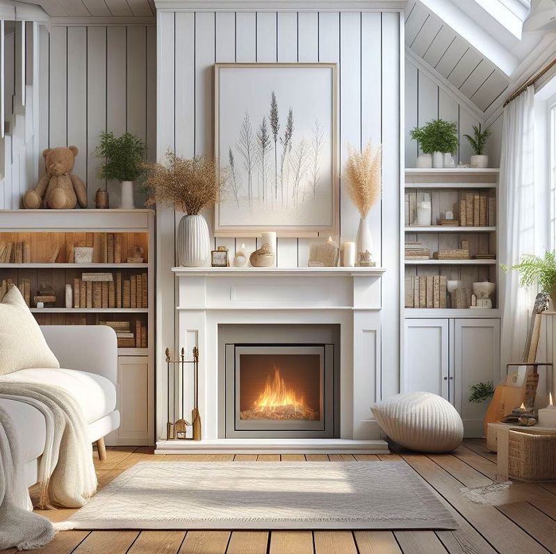 Classic white shiplap fireplace wall idea with mantel.