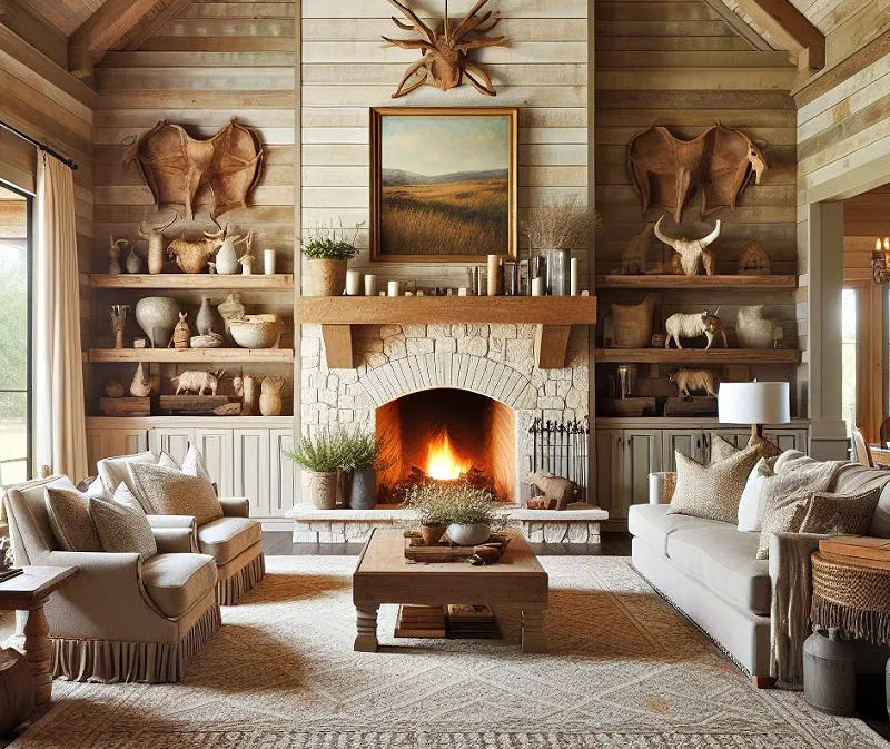 Stained wood shiplap over fireplace mantel with stone in a cabin style home.