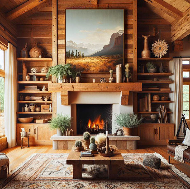 Stained wood shiplap over fireplace mantel in a cabin style home.