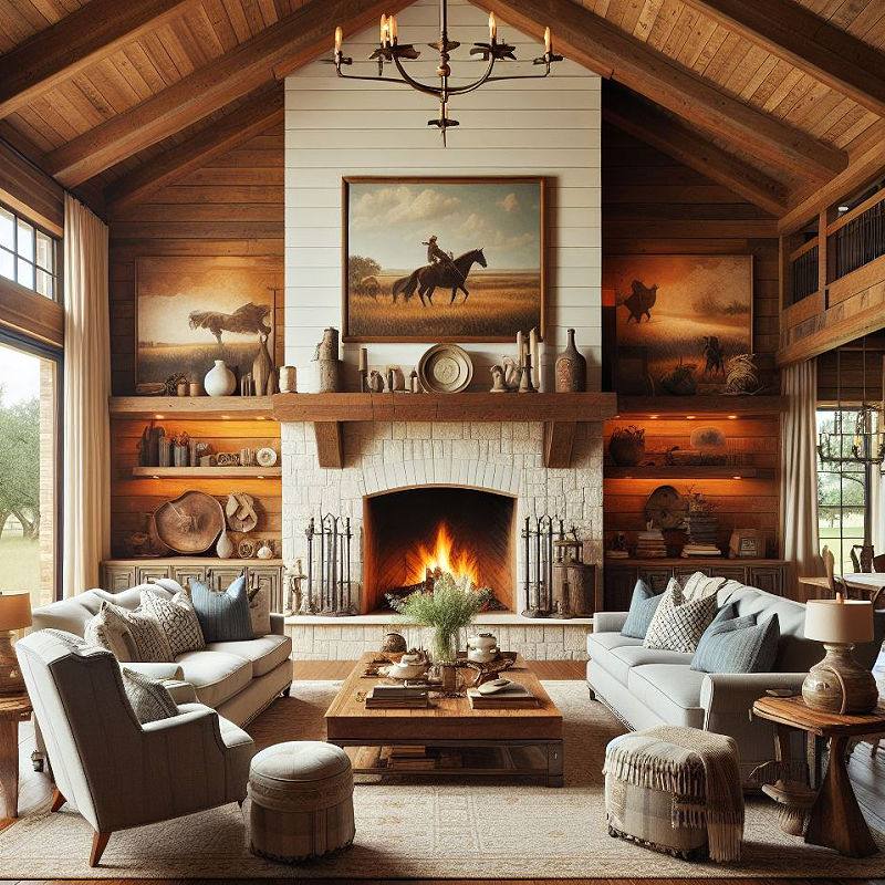 Stained wood shiplap over fireplace mantel in a southwestern style home.