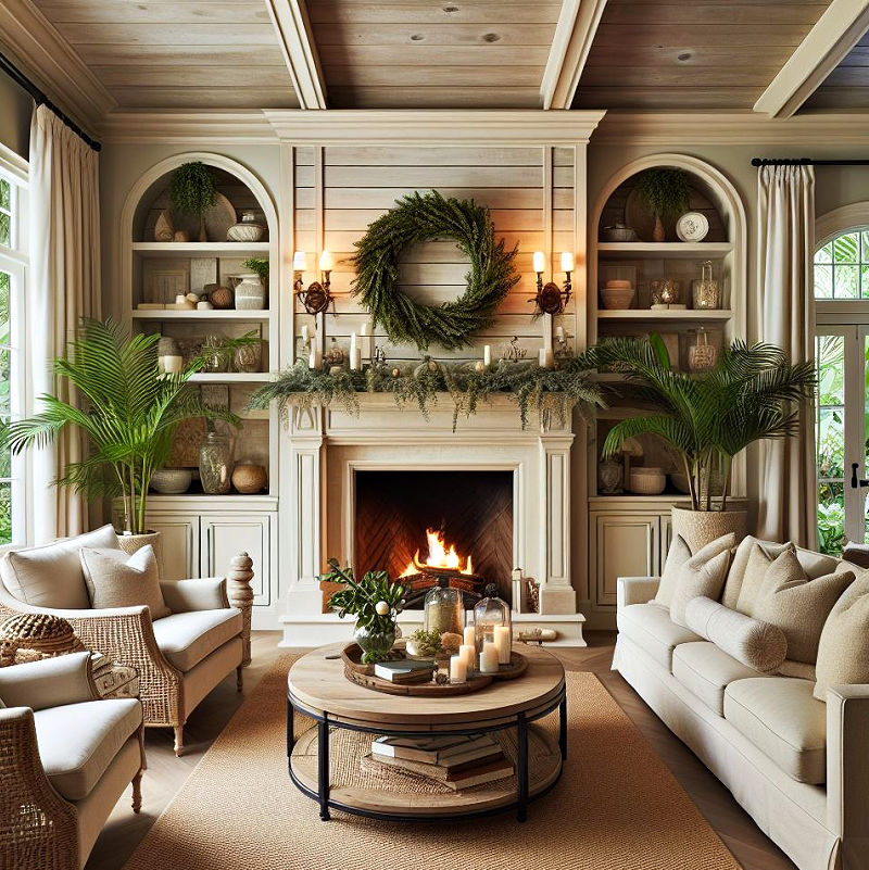 Stained wood shiplap over fireplace mantel in a traditional home.