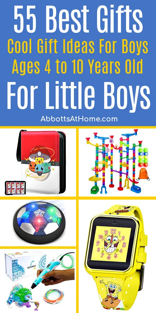 Image with 5 examples from a list of 55 best gift ideas for little boys ages 4, 5, 6, 7, 8, 9, and 10. Best gifts for little boys.