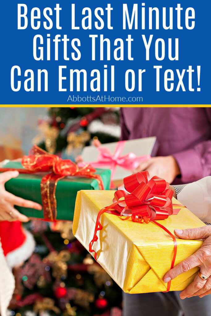 Image of 3 gifts being held by hands for a post about last minute gifts you can email or text.