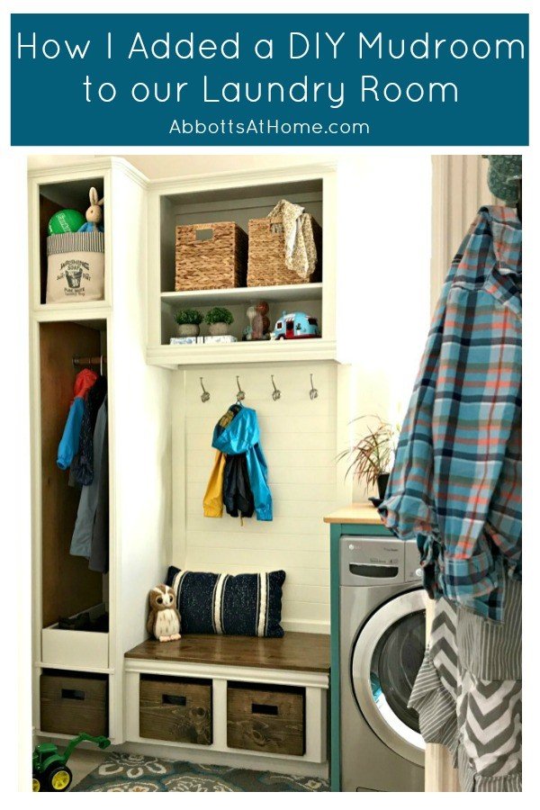 How I Added a Mudroom in our Small Laundry Room with cheap DIY projects that turned regular cabinets into a mudroom bench and coat storage. How I added a Mudroom Bench in our Small Laundry Room.