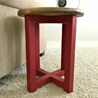 Works as a table or extra seating! This quick 1 hour, $20 build makes great DIY Easy Stool Seating or a DIY Round Side Table. With tips on adjusting the height to work for kids and adults. #AbbottsAtHome #DIYFurniture #KregJig #Stool #SideTable