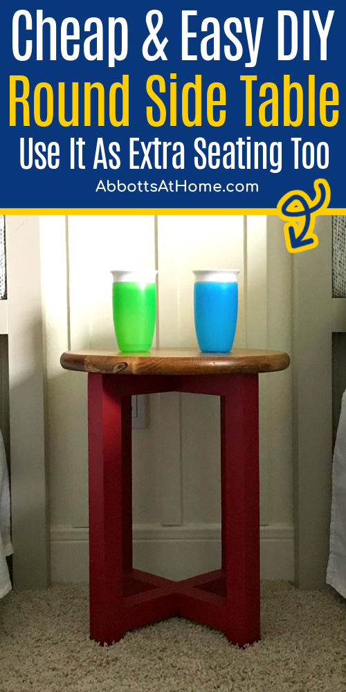 Image of a Cheap & Easy $20 DIY Round Side Table that works as DIY Stool Seating too. Great for dorms & apartments. Adjustable height for kids & adults. Easy woodworking project build plans.