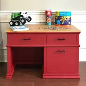 Full tutorial, build overview video, and printable plans for this beautiful DIY Childrens Desk Plans with Storage Drawers.