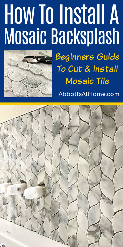 Image of a marble mosaic tile backsplash for a post with tips and tricks to cut and install mosaic tile.