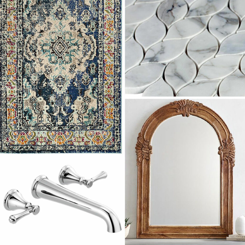 Blue Oriental rug, marble mosaic tile, carved wood mirror, and shiny chrome bathroom fixtures.