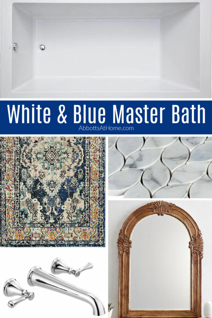 Blue Oriental rug, marble mosaic tile, carved wood mirror, deep drop in soaker tub, and shiny chrome bathroom fixtures.