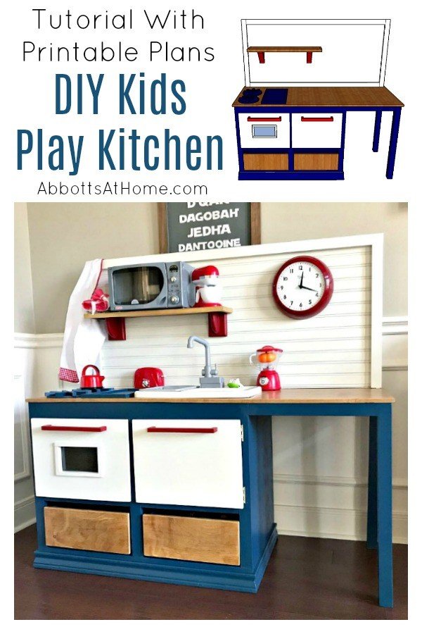 Yay! This Kids Play Kitchen DIY Woodworking Plan is an easy woodworking build with lots of fun additions that little kids will love! I have the tutorial, printable plans, and a video to help you get this built. #AbbottsAtHome #KidsKitchen #PlayKitchen #KidsKitchen #KidsFurniture #woodworking