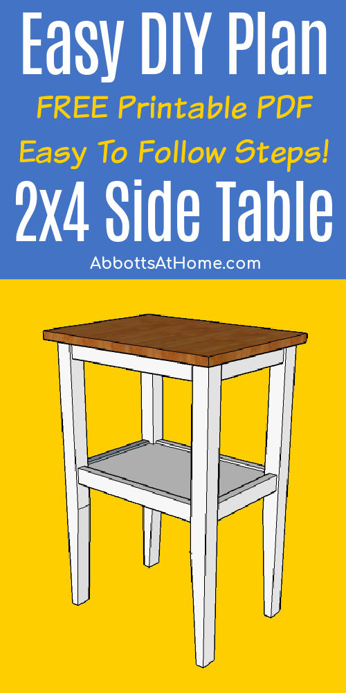 Image of a 3D drawing for a free printable plan of a 2x4 DIY Side Table with a Shelf.