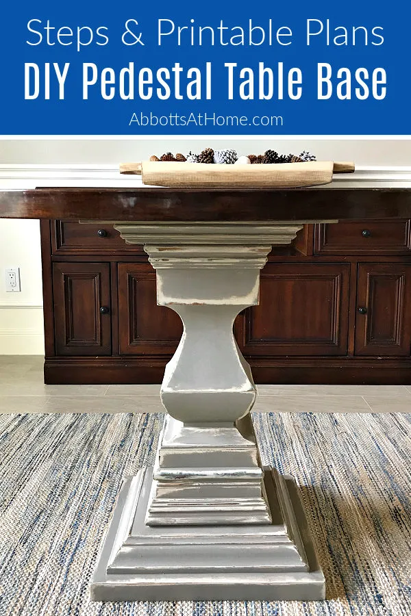 Easy to follow woodworking steps, video and printable plans for this beautiful DIY Wood Pedestal Table Base. Great for Round or Square Tops! Uses a premade pedestal center, adding lumber and molding to add width and height with just a Miter Saw. No bandsaw or lathe needed!