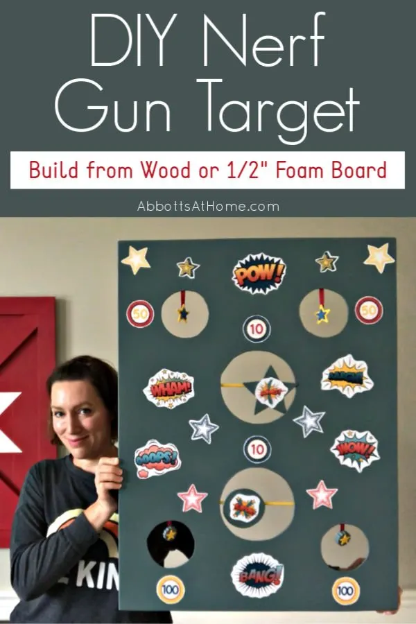 Looking for another fun way to keep your kid's busy?! You can build this DIY Nerf Gun Target from Wood or 1/2" Foam Board. It's a great homemade kids game for indoors and outdoors.