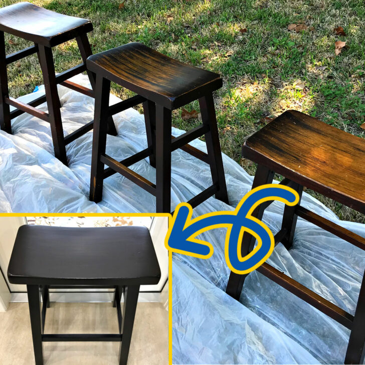 Before and after images of wood furniture darkened with stain.