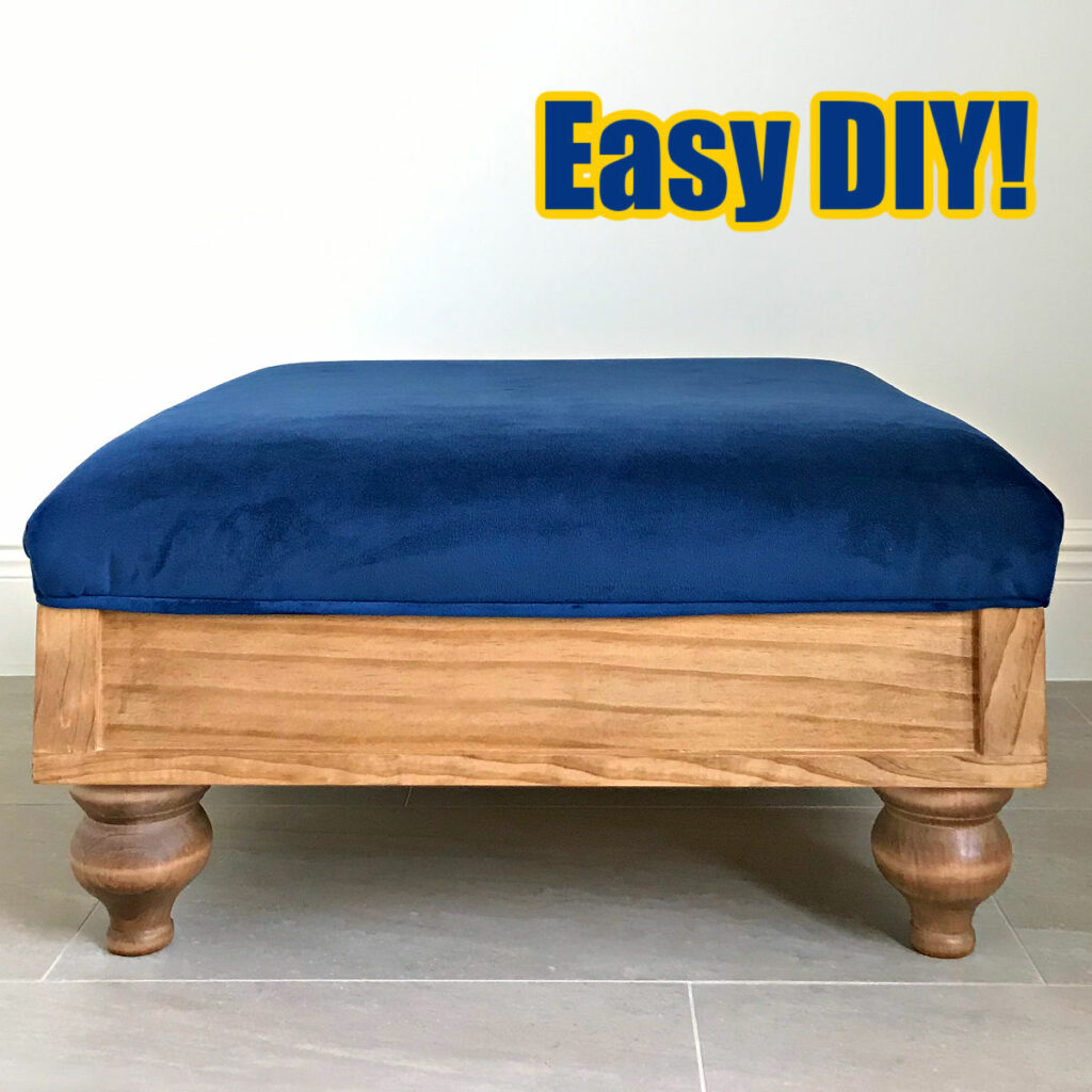 Image of a DIY Upholstered Ottoman or Footstool on a post with build plans for woodworkers that want to make their own.