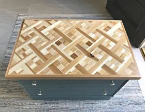Tips and how to video for this beautiful DIY Wood Mosaic Table Top. These steps can be used to make this as geometric wood wall art too!