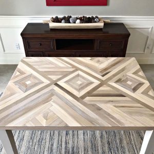 How To Steps and Videos for this beautiful DIY Geometric Wood Table Top. I used Poplar, but this would look great with reclaimed wood, Cedar, Oak, and more. DIY Mosaic Wood Art project.