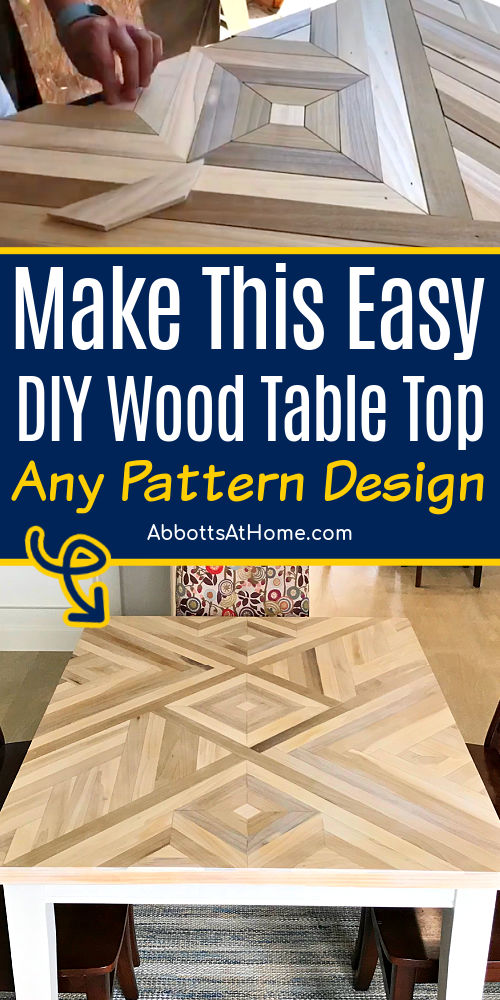 Image of a DIY wood table top pattern made with Poplar. Take says Make This Easy DIY Geometric Wood Table Top Design. Wooden tabletop design patterns.