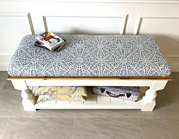 Step by Step Video and written steps for How to Make a No Sew Bench Seat for your window seat, table, or bench.