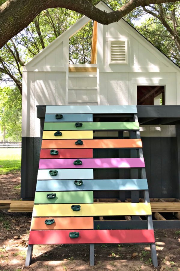 Easy to follow steps and video to make a kids climbing ramp, or rock climbing wall, for that backyard playhouse, fort, or play set. Fun design, right?! DIY Kids Rock Climbing Wall or Ramp.