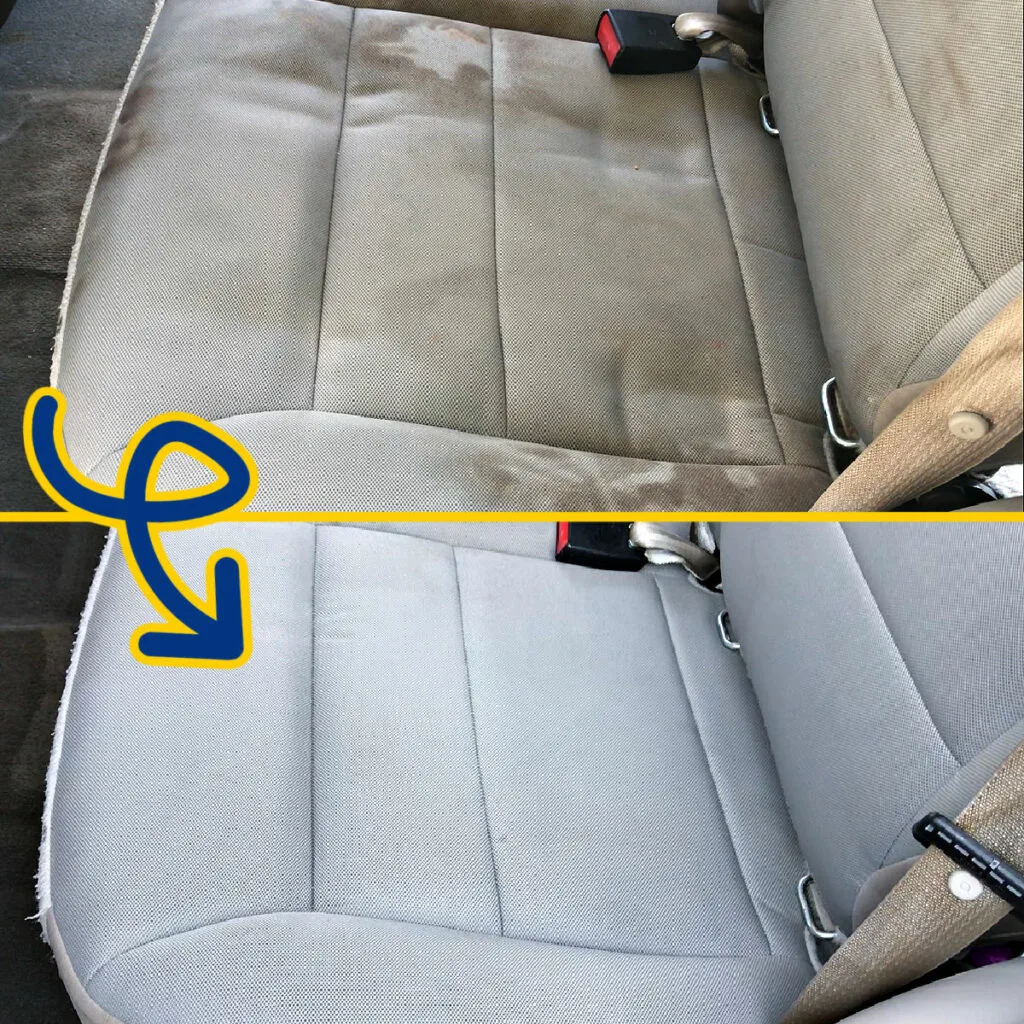 Before and After photos of cloth car seats after cleaning with a Bissell Spot Clean Pro Upholstery Cleaner.