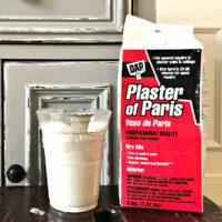 Image shows Plaster of Paris and Latex Paint used to make homemade chalk paint. With recipe to DIY.