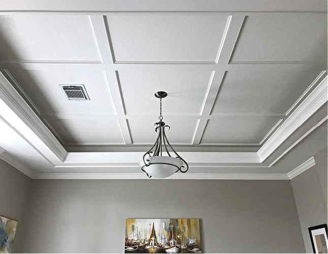 Try this Simple DIY Coffered Ceiling Design I used to give my Dining Room ceiling a beautiful new look. Includes lots of pictures and a how to video. DIY Ceiling Design Ideas. DIY Ceiling Makeover Ideas.