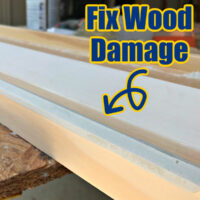 Image showing wood damage repaired with Bondo. For a post with steps and video showing how to fix wood furniture damage.