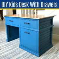 Image of a DIY Kids Desk with storage drawers. With printable build plans for a DIY Childrens School Desk with drawers.