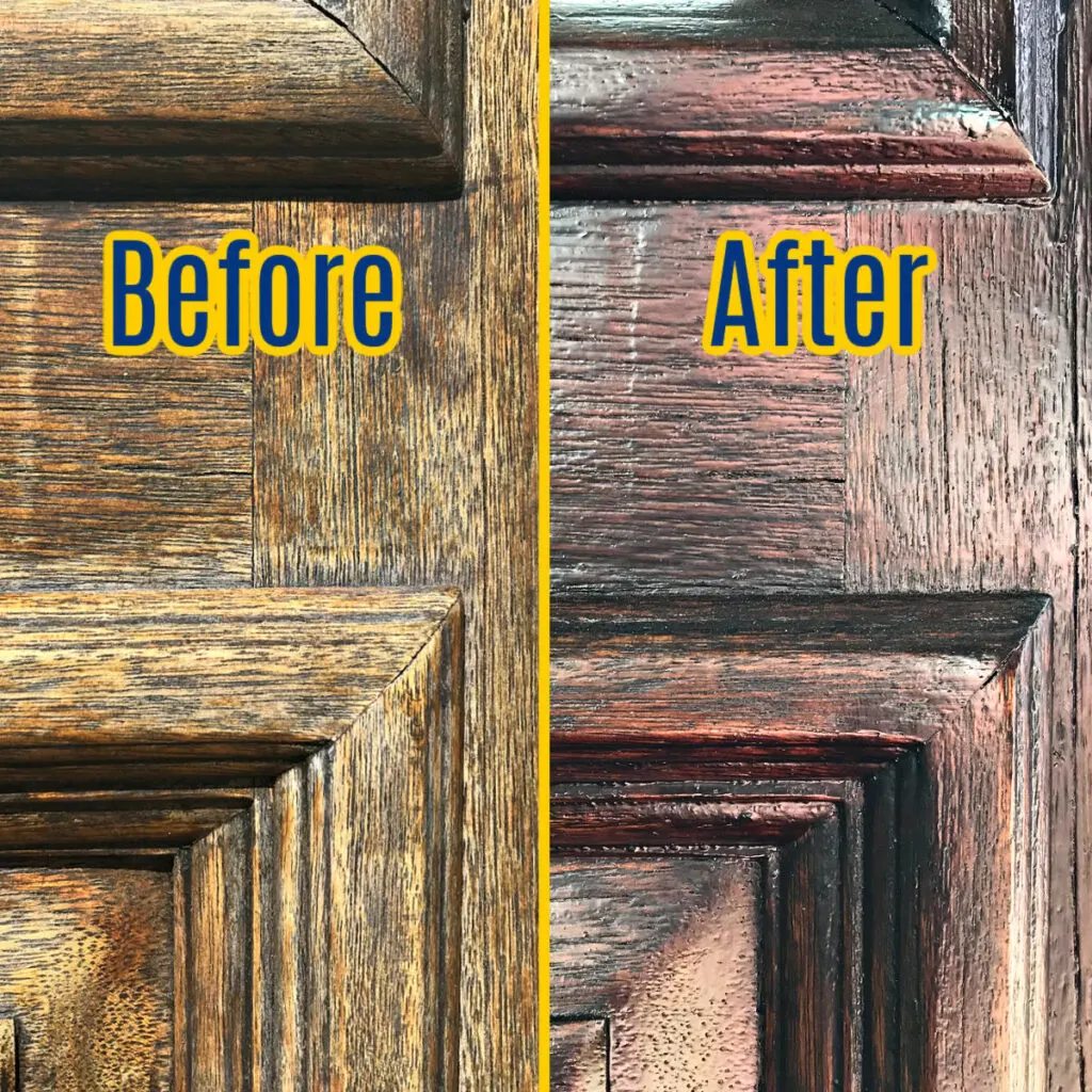 Before and After restaining (restoring) a weathered wooden front door without removing it.