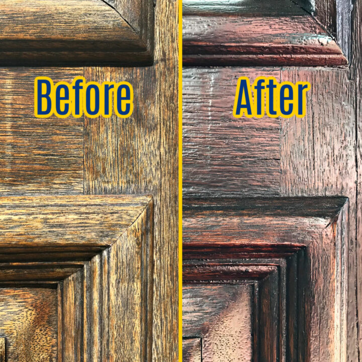 Before and After restaining (restoring) a weathered wooden front door without removing it.