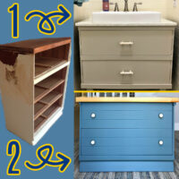 Image of a dresser cut in half to make 2 new pieces of furniture (a vanity and nightstand or side table).