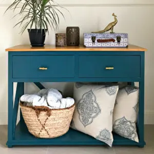 Image of a DIY Console Table or Entry Table with drawers with woodworking build plans.