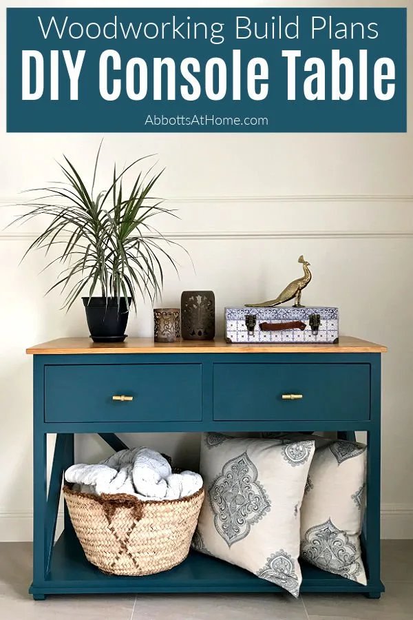 Easy to follow tutorial for a beautiful DIY Console Table Plan with Drawers for extra storage in an Entry, Dining Room, or Living Room!  Step by Step Kreg Jig Pocket Hole build with printable plans available. Easy enough for beginner woodworkers.
