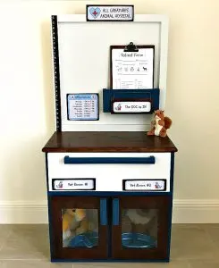 Make your kids this sweet little DIY Kids Play Pet Vet Clinic with this easy to follow beginner woodworking build plan. This DIY Kids Play Pet Hospital has been a popular playset with our little veterinarians, this year. Printable Pet Clinic Signs, Patient Forms, and Build Plans Available.