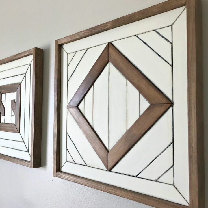 Image shows example of how to make mosaic wood wall art with steps and video.