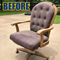 Before photo of an office chair before a makeover with new upholstery, paint, and roller wheels.