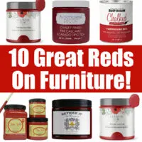 Image of 6 examples of red chalk paint colors or red acrylic paint colors for furniture and home decor. Text says 