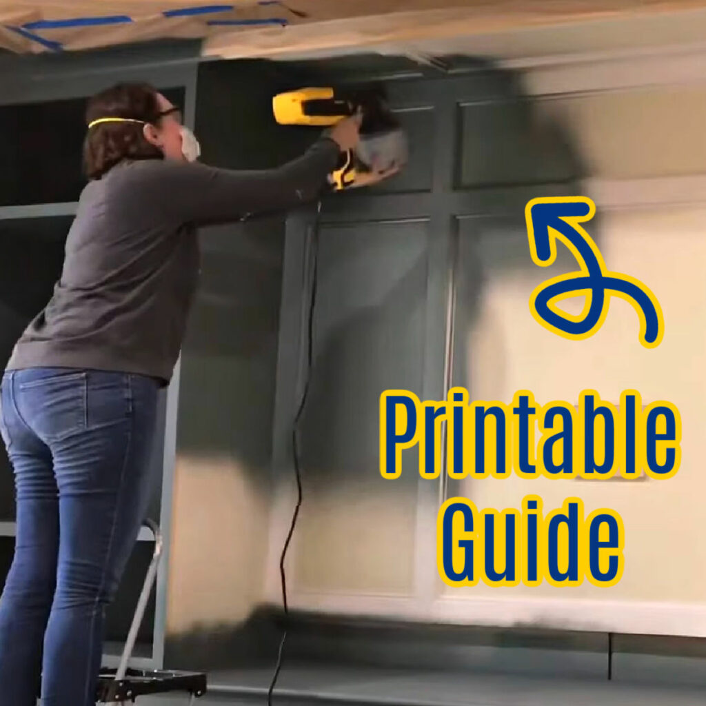 Image of woman painting bookshelves and cabinets. Text says "Printable Guide".