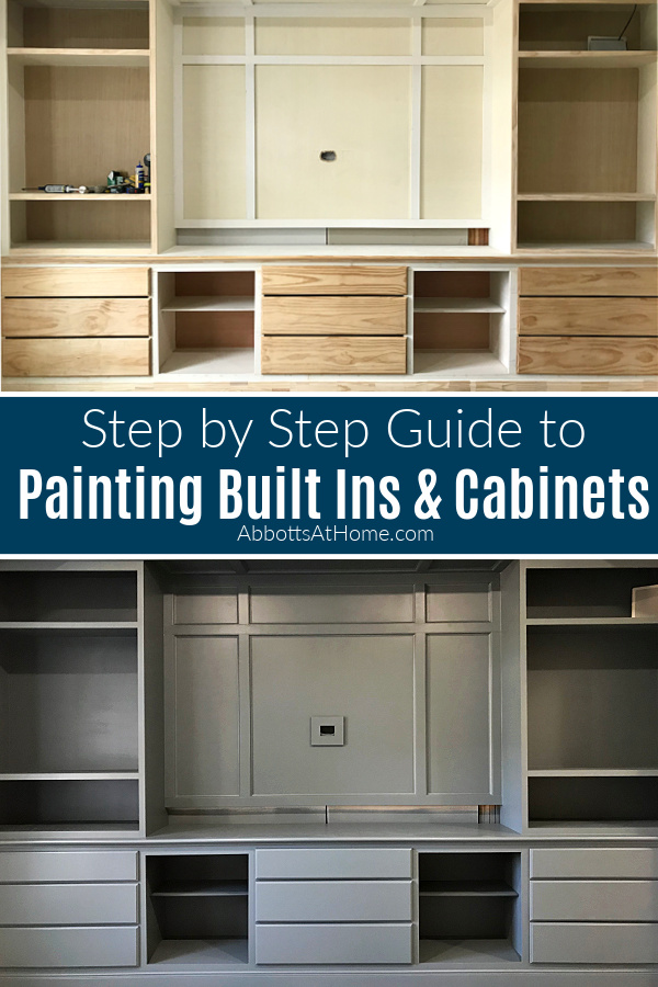 Easy to follow step by step guide for how to paint built in bookshelves and cabinets. With photos, printable steps and video tutorial. How to Paint Cabinets. How to Paint Bookshelves.