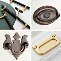 Image of 4 examples of unique drawer pulls and unique cabinet knobs on a list of 30 beautiful cabinet hardware options.