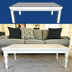 I LOVE the beautiful details on this easy and budget-friendly DIY Coffee Table Build Plan. Built with $10 Turned Legs, Molding & Plywood. Printable Woodworking Plans, easy enough build for beginner woodworkers. Easy woodworking project.